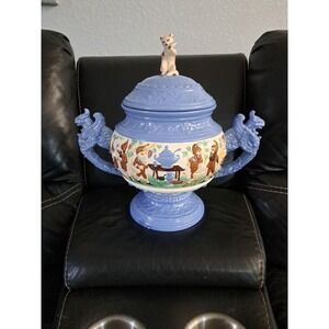 Antique VTG COVERED URN TUREEN  GNOMES AND DRAGONS Dated 1969 Cat‎ EATING FISH
